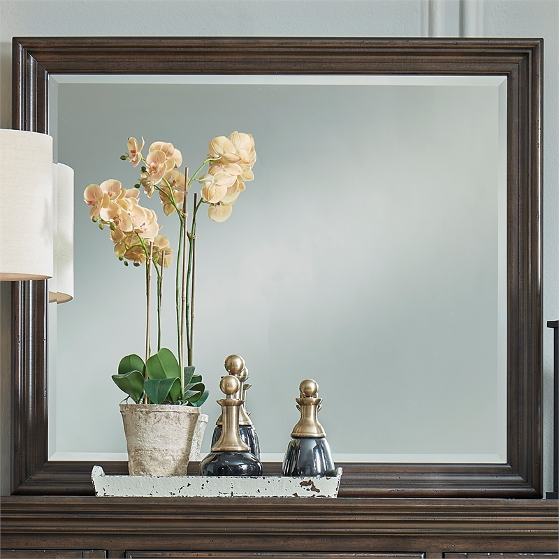 Pemberly Row Light Brown Glass Mirror with Beveled Edge and Bead Molding