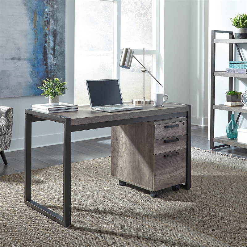 Pemberly Row Medium Gray 2 Piece Desk Set with Mobile File Cabinet