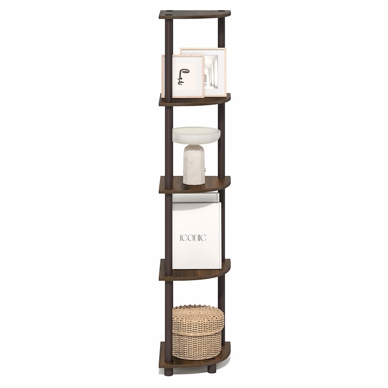 Pemberly Row 5 Tier Corner Bookshelf with Tool-Free Assembly in Black Walnut
