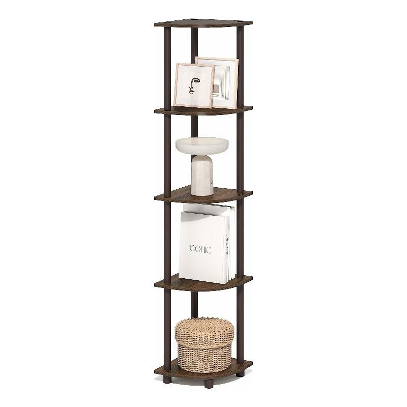 Pemberly Row 5 Tier Corner Bookshelf with Tool-Free Assembly in Black Walnut