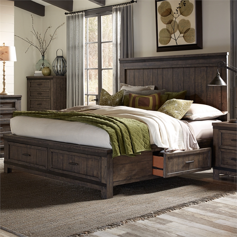 Pemberly Row Dark Gray Queen Two Sided Storage Bed with Drawer Glides
