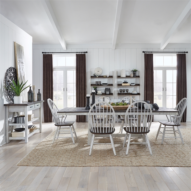 Pemberly Row White 7 Piece Trestle Table Set with X Style Base and Glides