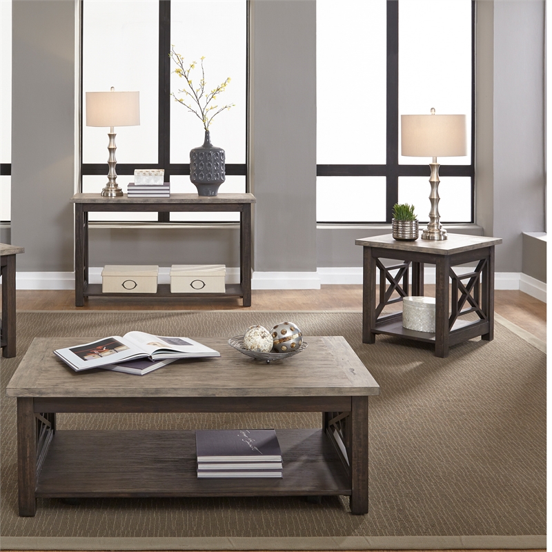 Pemberly Row Black 3 Piece Set with Cocktail and End Tables in Ash/Charcoal
