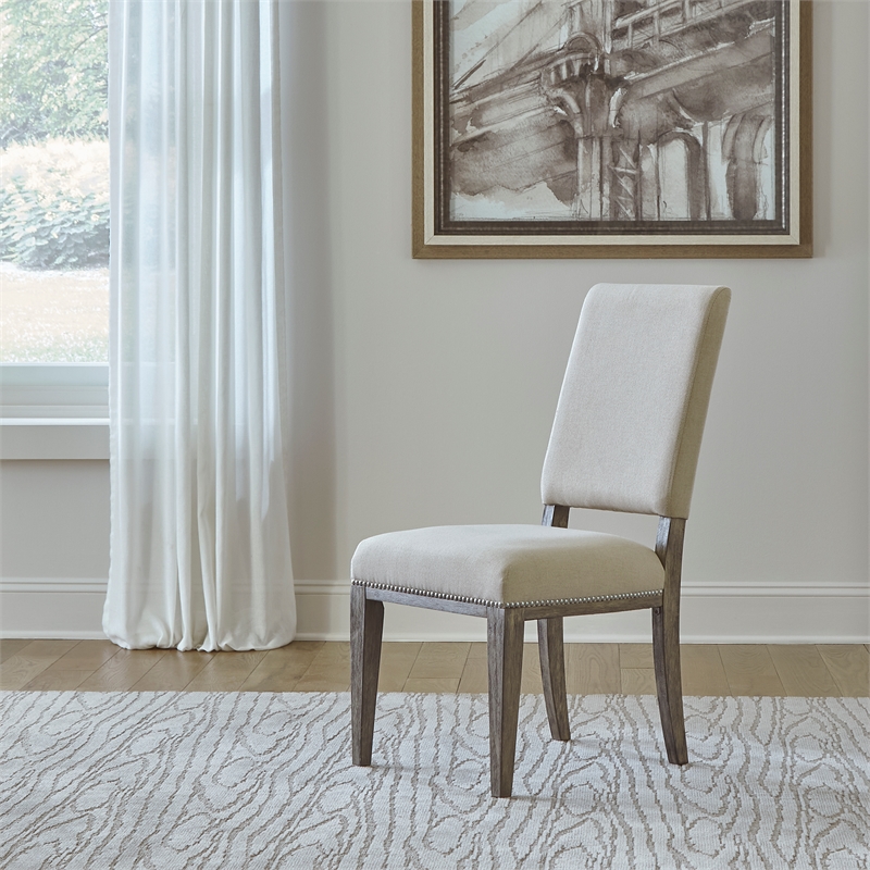 Pemberly Row Upholstered Side Chairs Set of 2 in Sand with Nail Head Trim