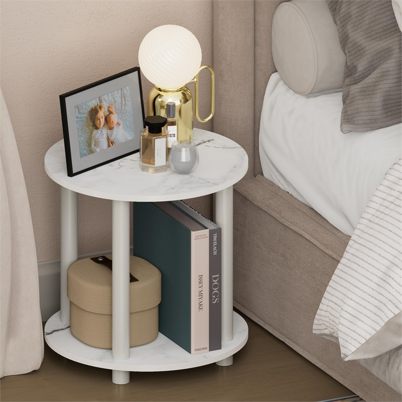 Pemberly Row 2-Tier Small Round Toolless Nightstand in Marble White