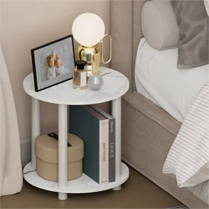 Pemberly Row 2-Tier Small Round Toolless Nightstand in Marble White