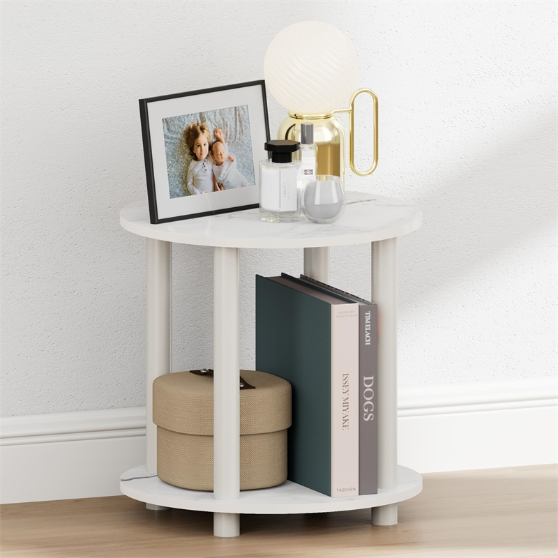 Pemberly Row 2-Tier Small Round Toolless Nightstand in Marble White