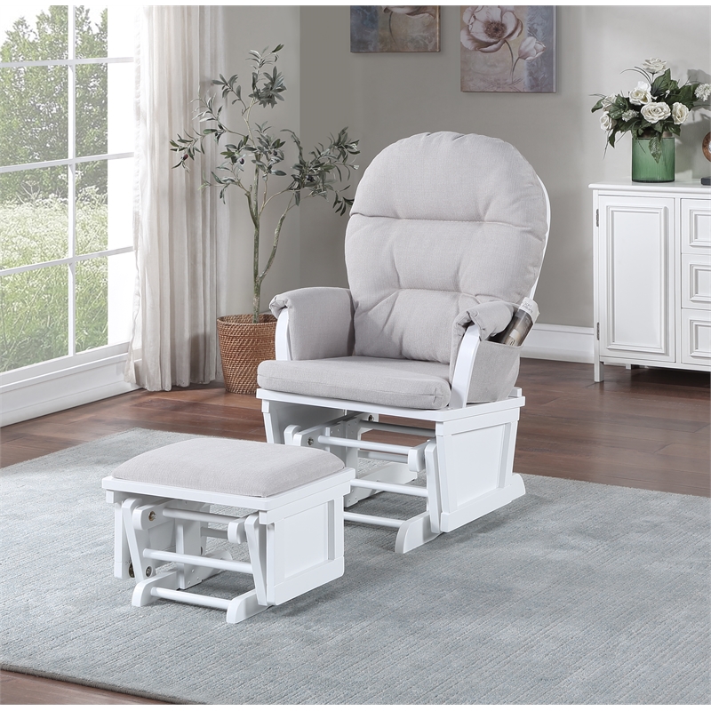 Pemberly Row Madison Wood Glider and Ottoman in White/Woven Gray