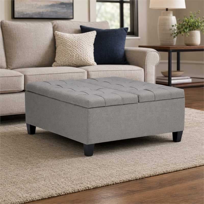 Pemberly Row Square Coffee Table Ottoman in Dove Gray Fabric with Storage