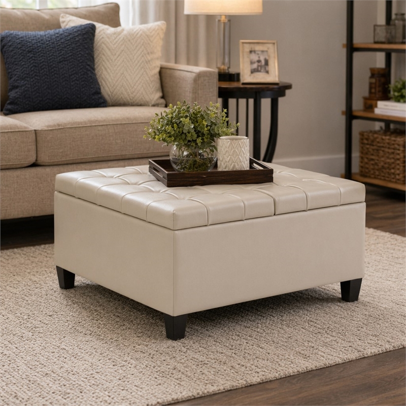 Pemberly Row Square Coffee Table Ottoman in Satin Cream Fabric with Storage