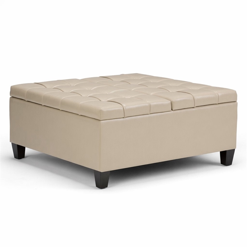 Pemberly Row Square Coffee Table Ottoman in Satin Cream Fabric with Storage