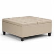 Pemberly Row Square Coffee Table Ottoman in Satin Cream Fabric with Storage