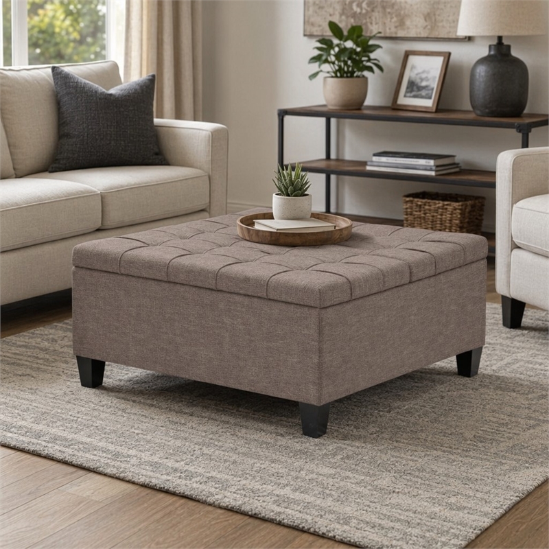 Pemberly Row Square Coffee Table Ottoman in Fawn Brown Fabric with Storage