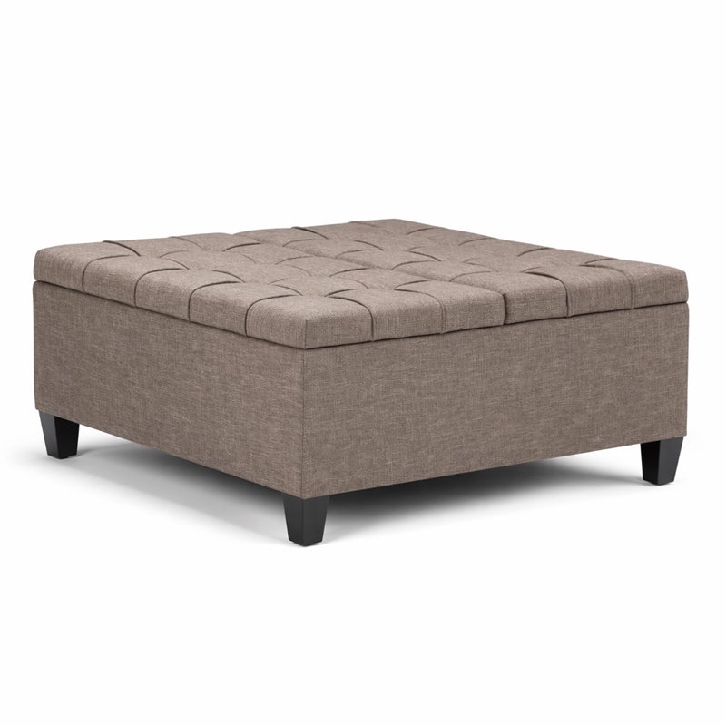 Pemberly Row Square Coffee Table Ottoman in Fawn Brown Fabric with Storage