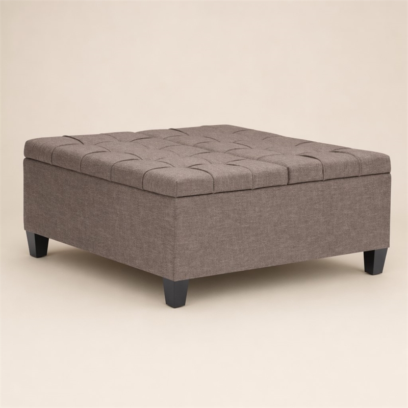 Pemberly Row Square Coffee Table Ottoman in Fawn Brown Fabric with Storage