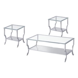 Pemberly Row 3-Piece Glass Coffee & End Table Set with Chrome Finish