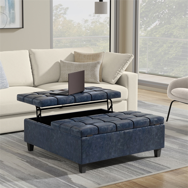 Pemberly Row Square Coffee Table Storage Ottoman in Blue Vegan Faux Leather
