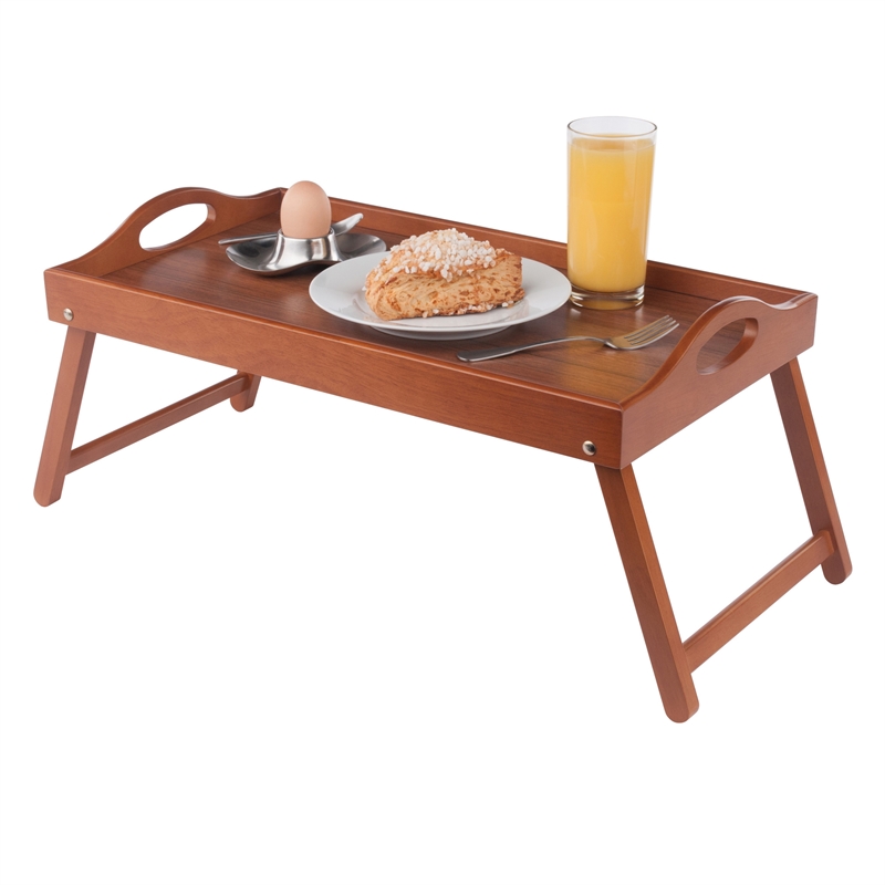 Pemberly Row Foldable Wooden Breakfast Tray with Teak Finish and Handles