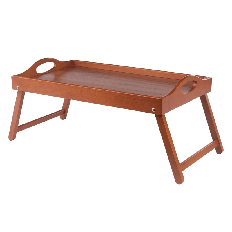 Pemberly Row Foldable Wooden Breakfast Tray with Teak Finish and Handles