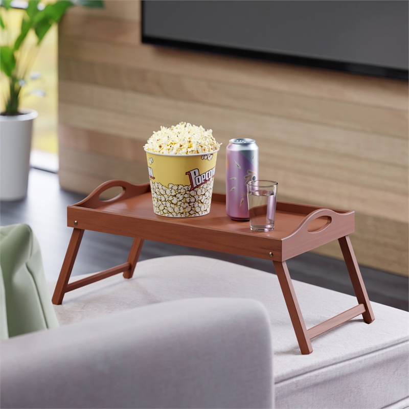 Pemberly Row Foldable Wooden Breakfast Tray with Teak Finish and Handles