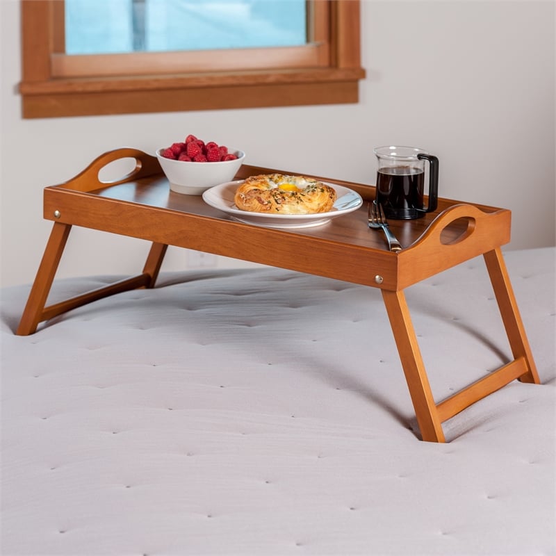 Pemberly Row Foldable Wooden Breakfast Tray with Teak Finish and Handles
