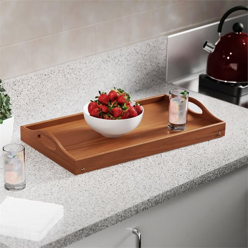 Pemberly Row Foldable Wooden Breakfast Tray with Teak Finish and Handles