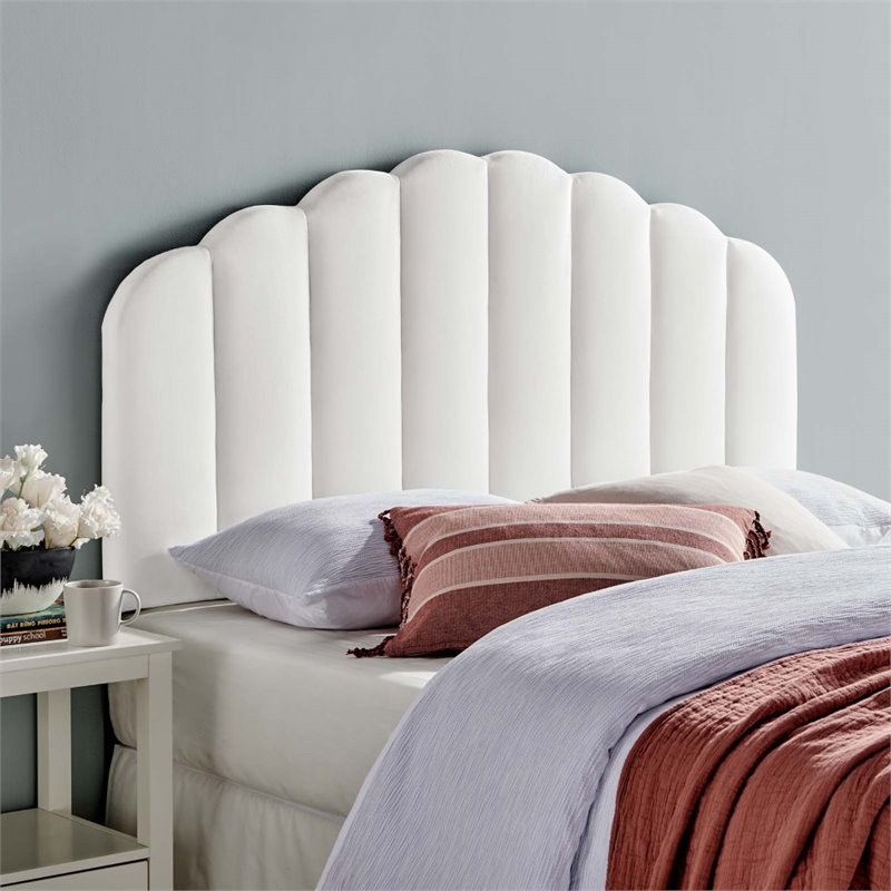 Pemberly Row Full/Queen Scalloped Performance Velvet Headboard in White