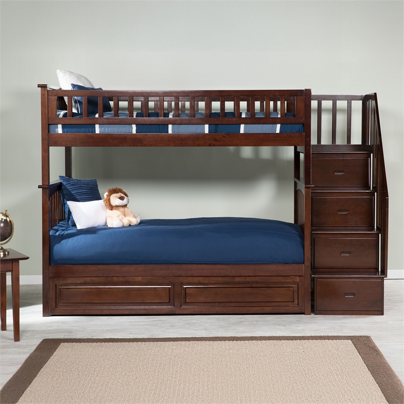 Pemberly Row Twin over Twin Solid Wood Staircase Bunk Bed with Trundle in Walnut