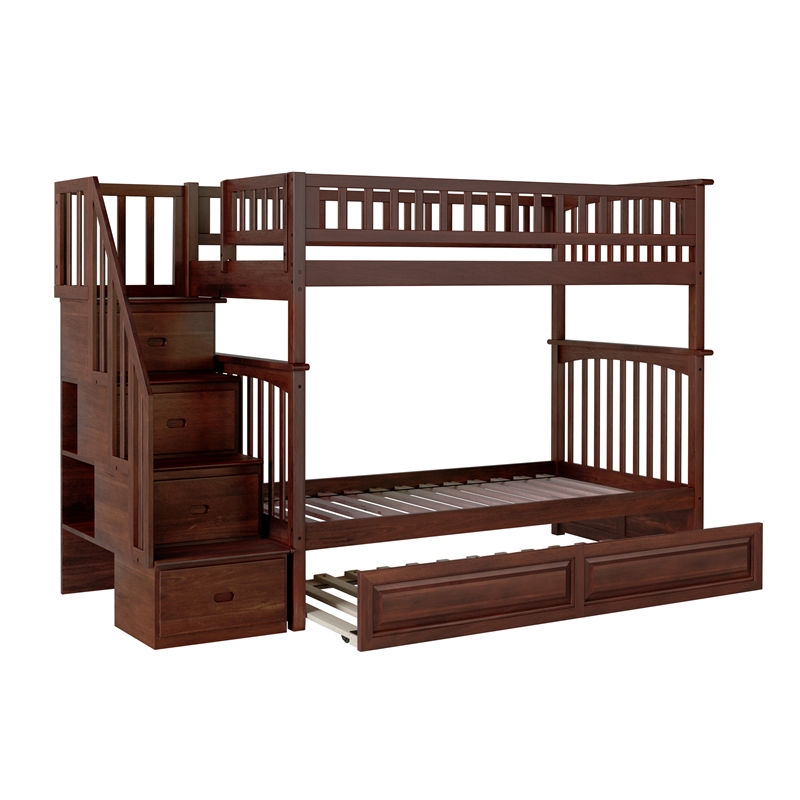 Pemberly Row Twin over Twin Solid Wood Staircase Bunk Bed with Trundle in Walnut