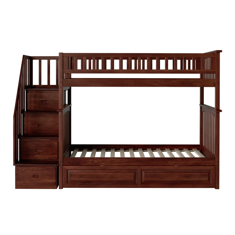 Pemberly Row Twin over Twin Solid Wood Staircase Bunk Bed with Trundle in Walnut