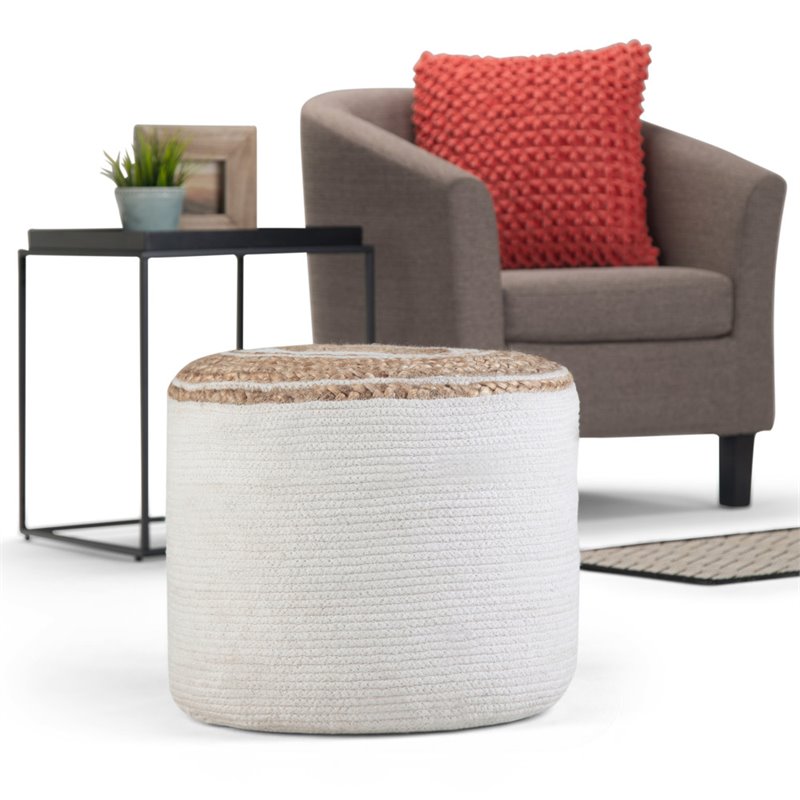 Pemberly Row Boho Round Braided Pouf in Natural Cotton
