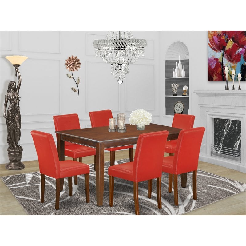 Pemberly Row 7-Piece Dining Set Mahogany Finish with Firebrick Red Chairs