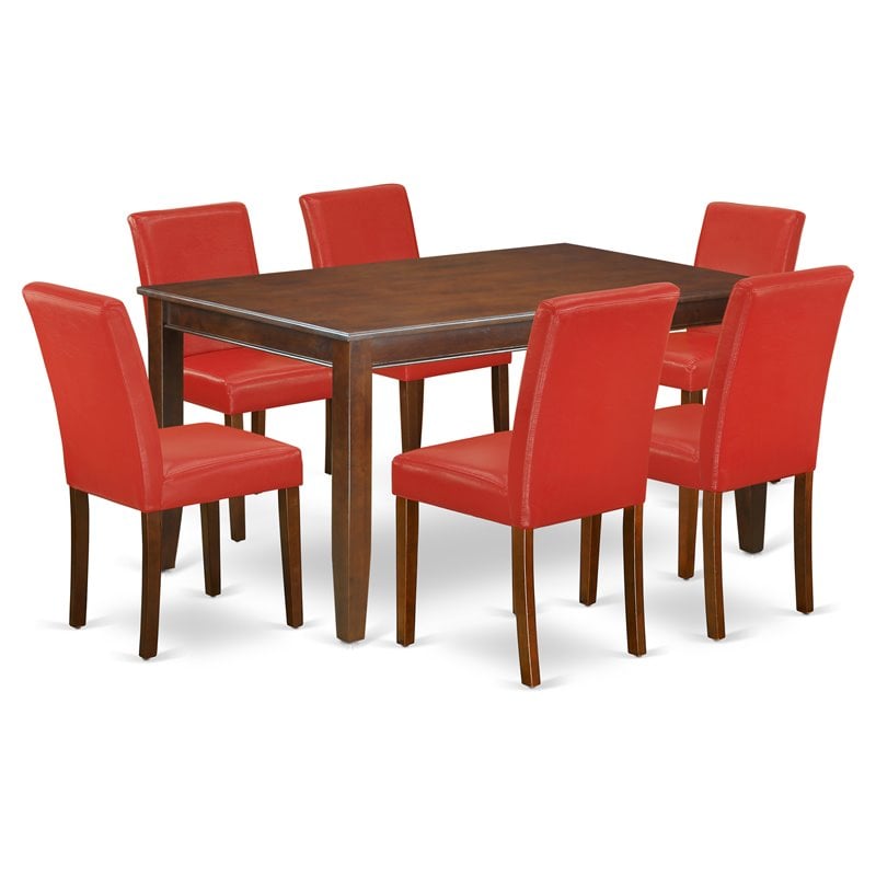 Pemberly Row 7-Piece Dining Set Mahogany Finish with Firebrick Red Chairs