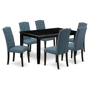 Pemberly Row 7-Piece Dining Table Set Black Finish with Blue Seating