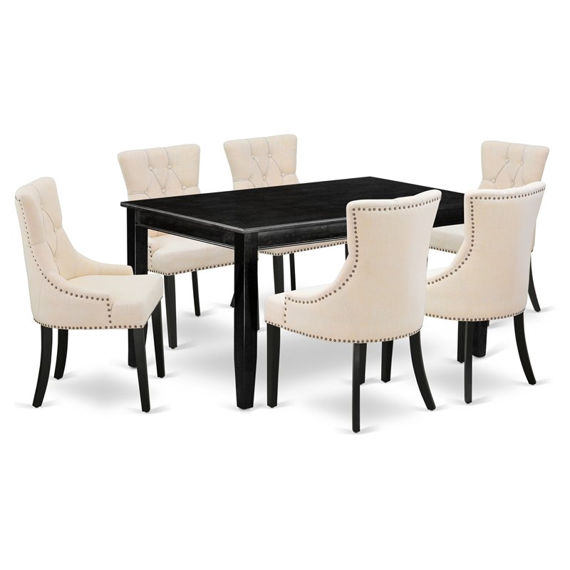 Pemberly Row 7-Piece Rubberwood Dining Set in Black with Light Beige Chairs