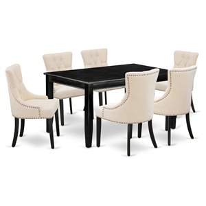 Pemberly Row 7-Piece Rubberwood Dining Set in Black with Light Beige Chairs