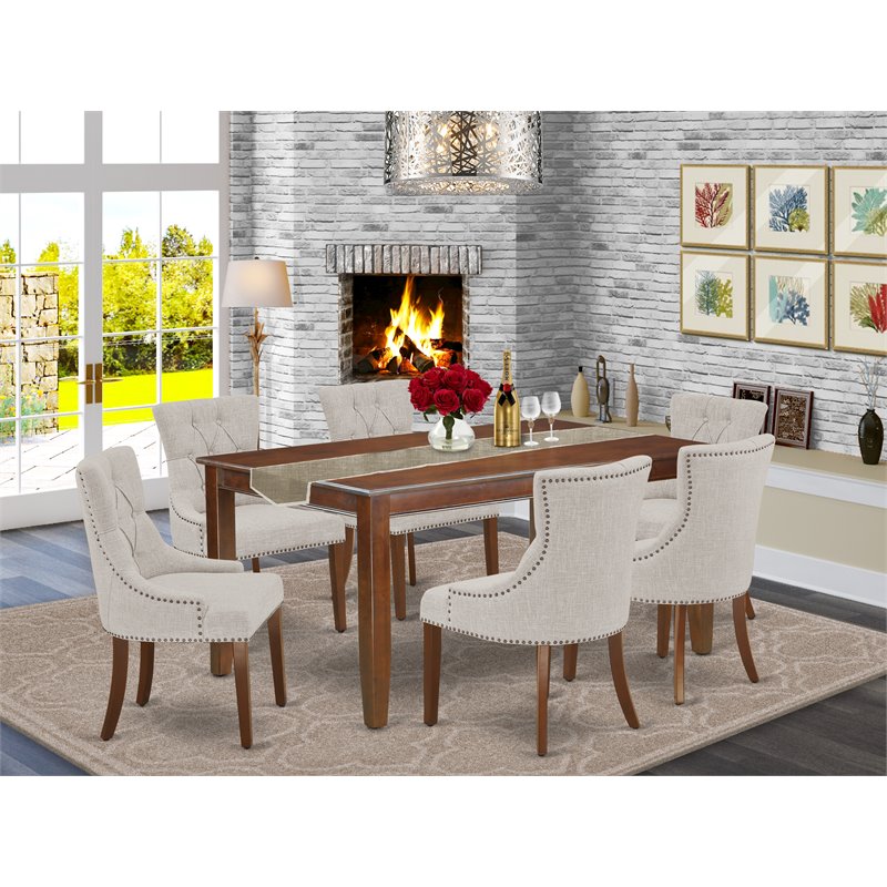 Pemberly Row 7-Piece Wood Dining Set with Mahogany Finish and Doeskin Chairs