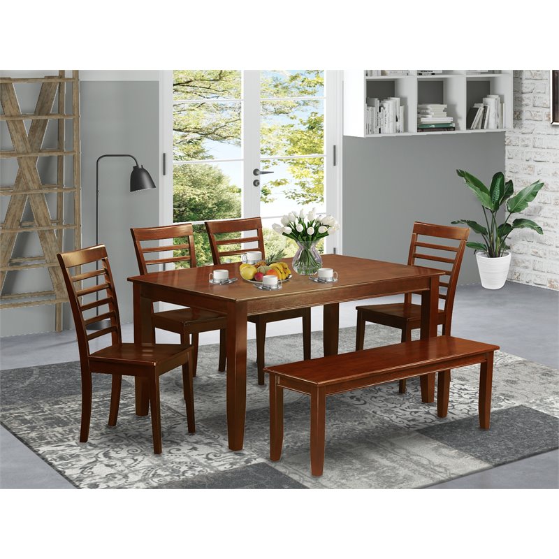Pemberly Row 6-Piece Wood Dining Room Set with Table and Bench in Mahogany