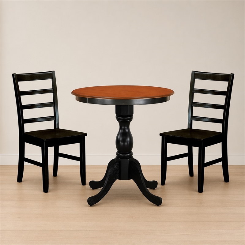 Pemberly Row 3-Piece Wood Dining Set with Ladder Back Chairs in Black & Cherry