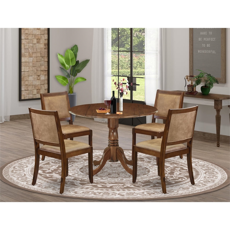 Pemberly Row 5 Piece Dining Set with Walnut Finish and Faux Leather Seats
