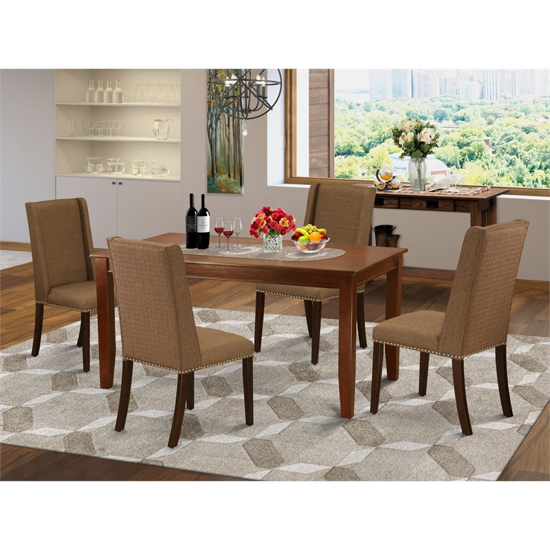 Pemberly Row 5-Piece Dining Room Set with Mahogany Table and Beige Chairs