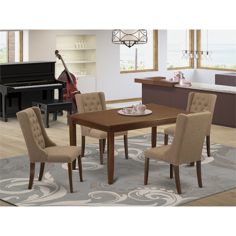Pemberly Row 5-Piece Wood Dining Set Linen Fabric in Mahogany/Light Sable