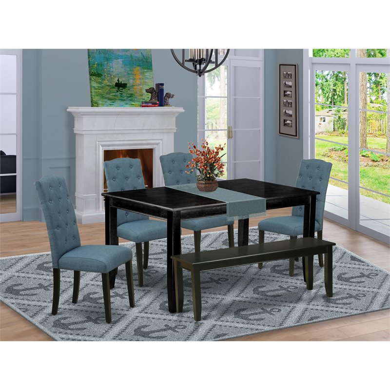 Pemberly Row 6-Piece Wood Dining Set with Bench in Black/Blue