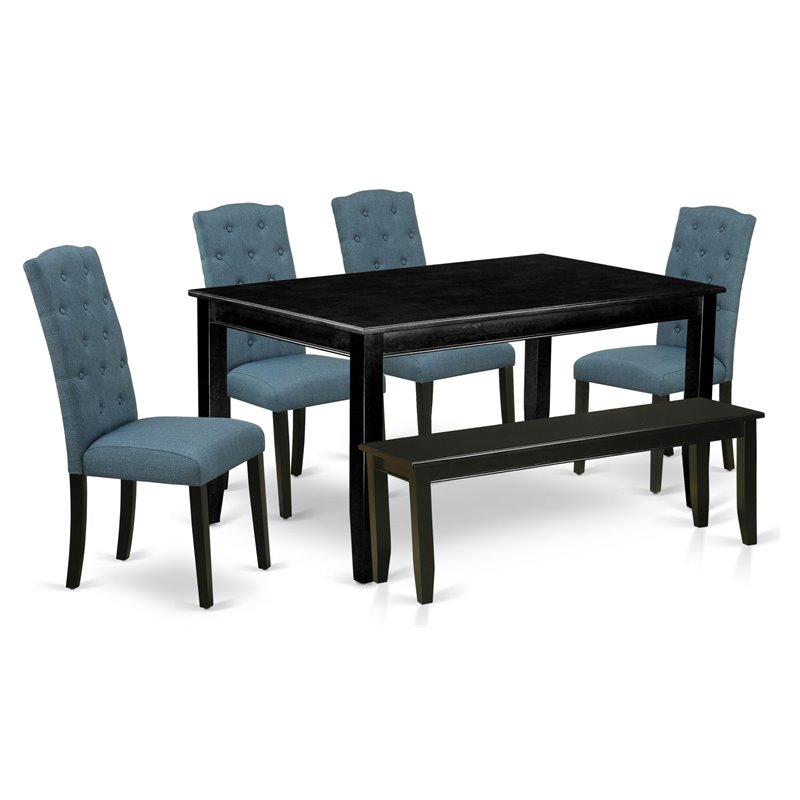 Pemberly Row 6-Piece Wood Dining Set with Bench in Black/Blue