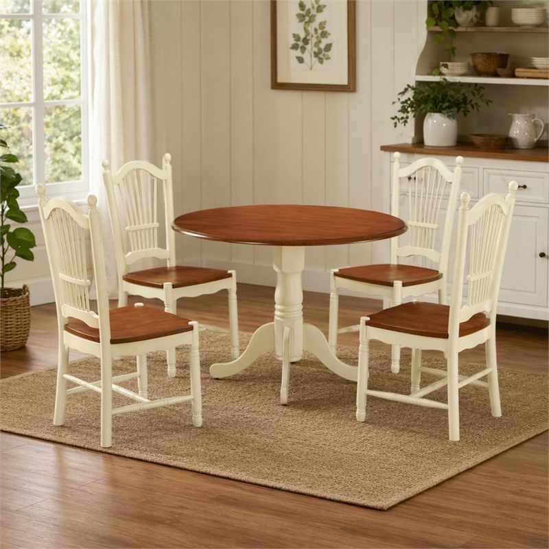 Pemberly Row 5-Piece Wood Dining Table Set in Buttermilk and Cherry Finish