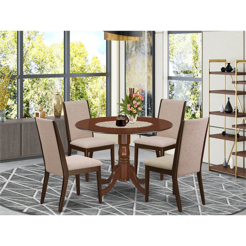Pemberly Row 5-Piece Wood Dining Set with Linen Cushioned Chairs in Mahogany