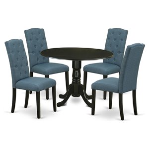 Pemberly Row 5-Piece Wood Dining Set in Black Blue Linen Upholstery