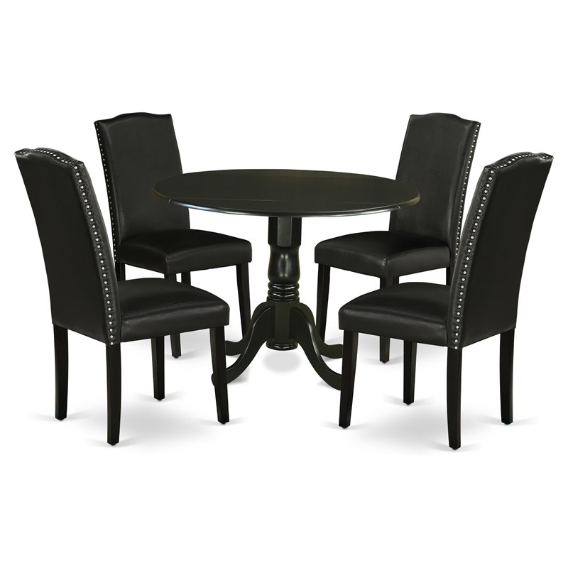 Pemberly Row 5-Piece Wood Dining Set with Black Leather Seat