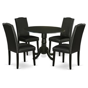 Pemberly Row 5-Piece Wood Dining Set with Black Leather Seat