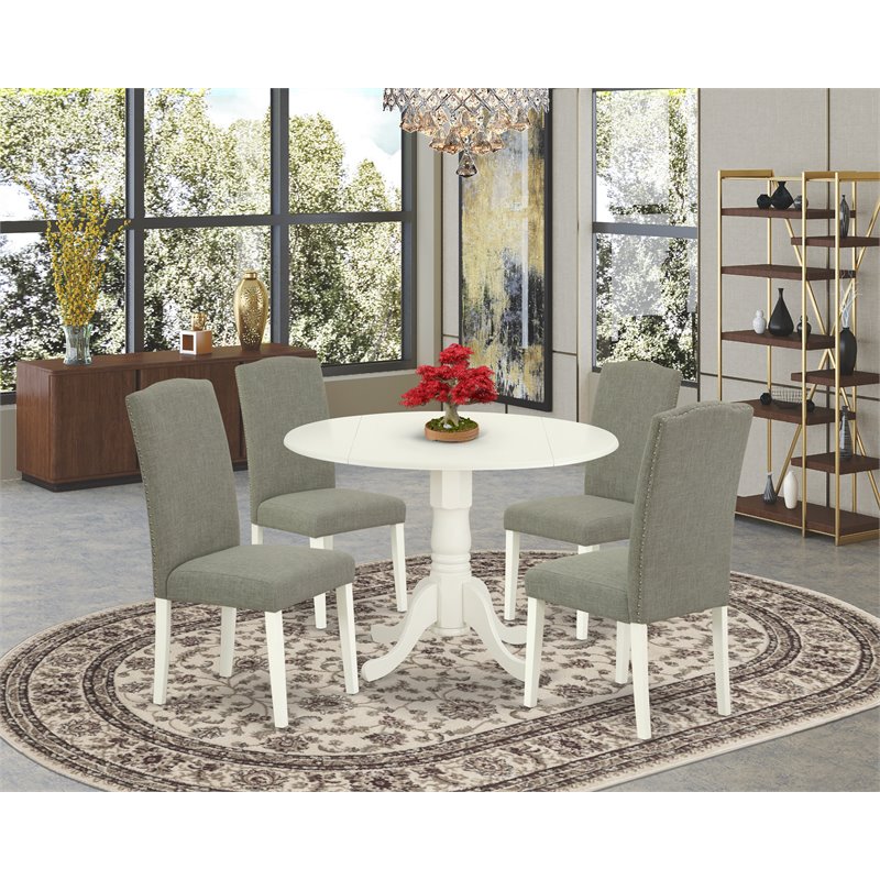 Pemberly Row 5-Piece Round Dining Set in Linen White and Dark Shitake